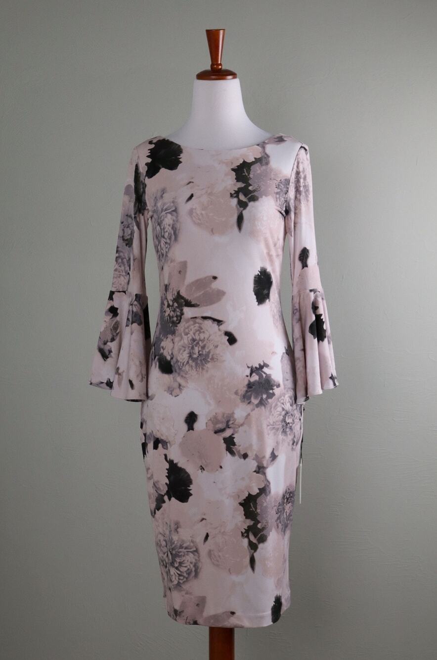 CALVIN KLEIN NWT Slinky Stretch Floral Bell Sleeve Sheath Dress Size 2